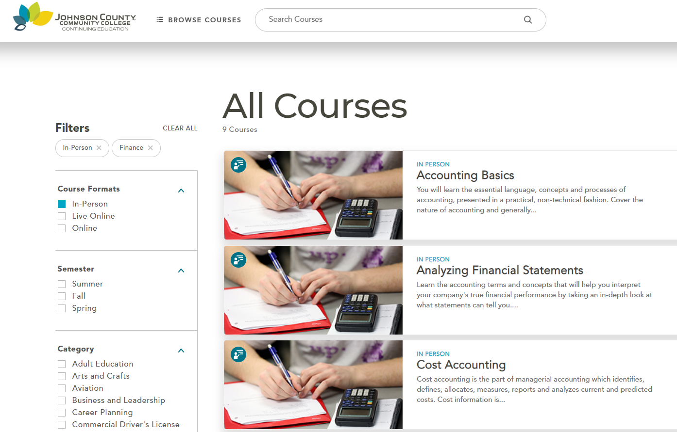 Screenshot of All Courses List on JCCC Webpage